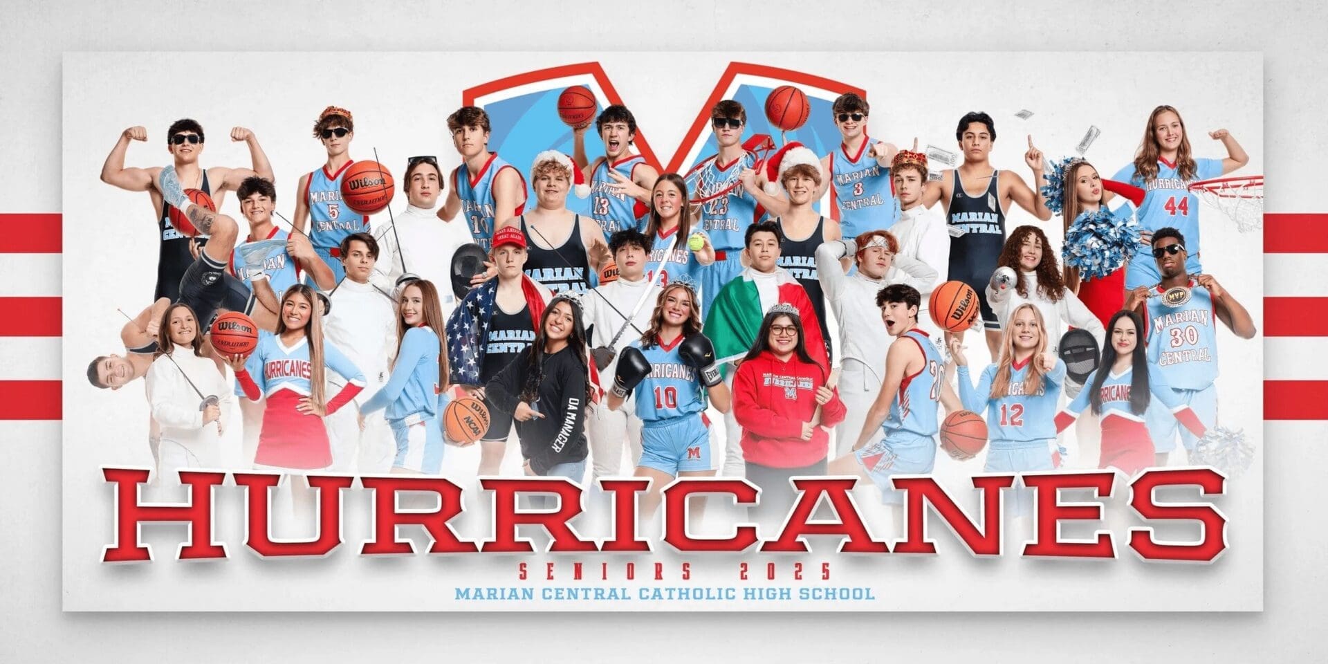 Group photo of Marian Central Catholic High School basketball team with basketballs.