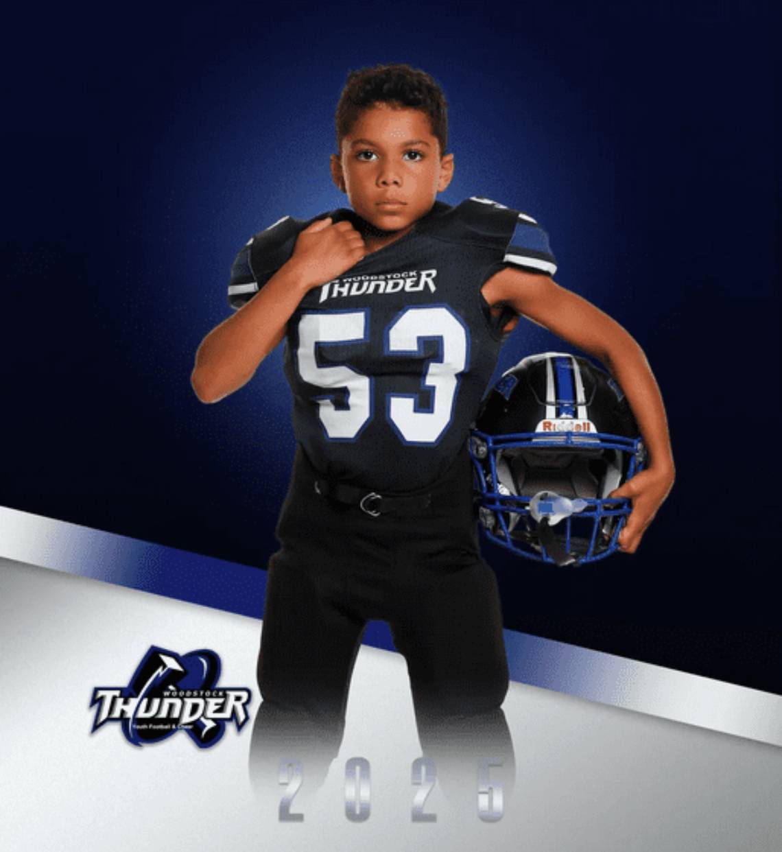 Young football player in black Thunder uniform holding helmet.
